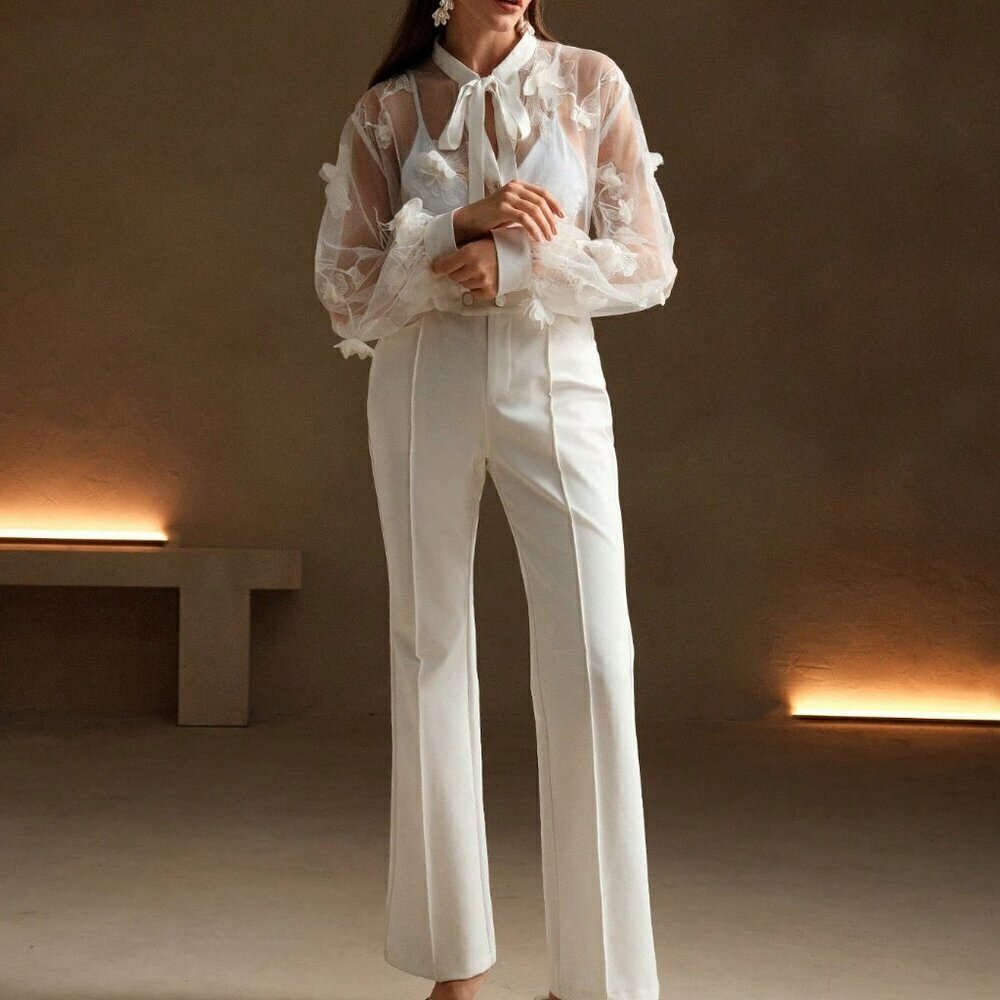 White Sexy Women's See-Through Embroidered Shirt - Picture 3 of 7